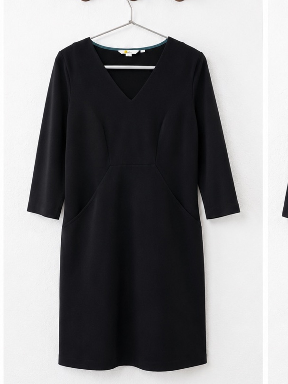 Boden Black V-Neck Midi Dress with 3/4 Sleeves